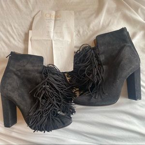 Chloe Suede Fringe Boots Charcoal Gray size 38.5